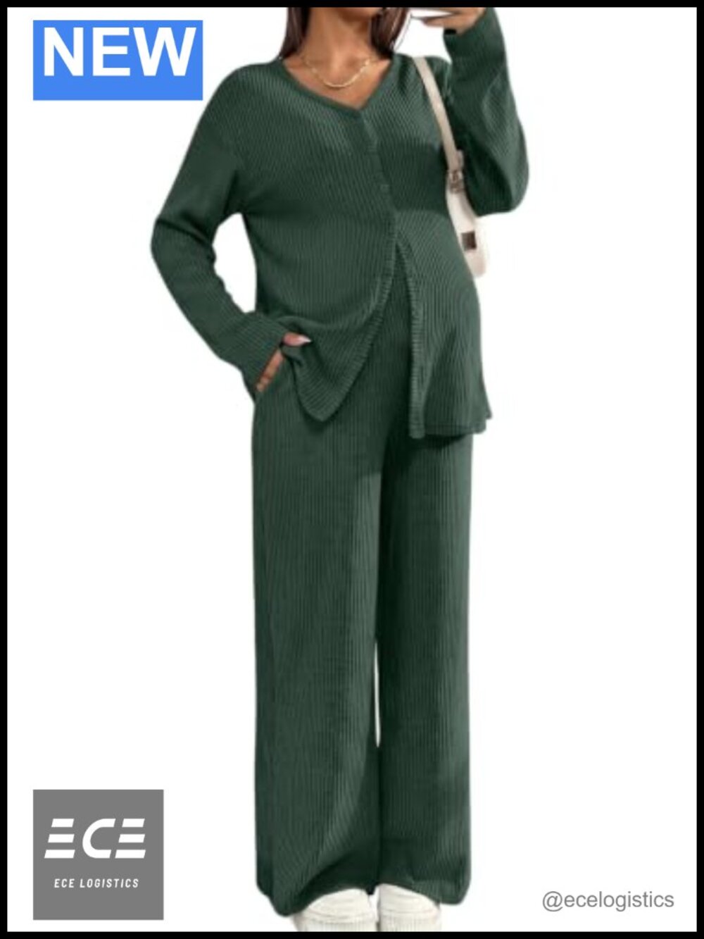 Two Piece Maternity Lounge Set Long Sleeve Button Top & Pants with Pockets